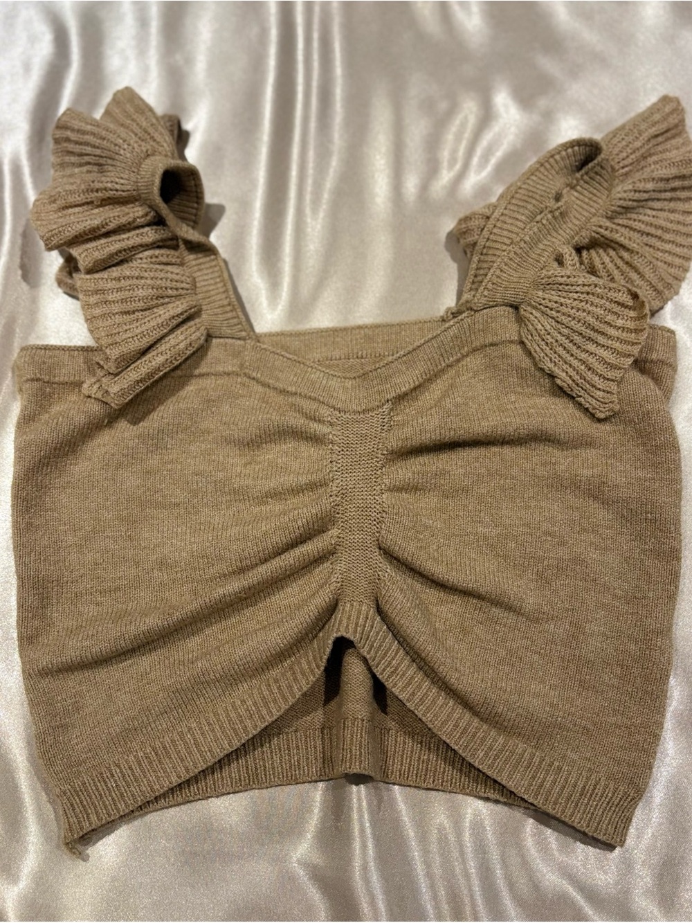 Ruffled Strap Knit Crop Top in Taupe